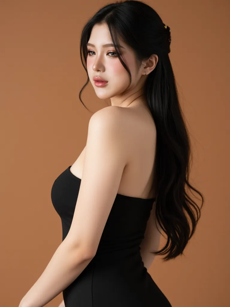 Create a realistic image of a stunning 22-year-old woman from (((Borneo, Indonesia))), beautiful and cute, long flowing black hair styled in an **(((upside-down hairstyle)))**, silky and smooth, catching the light elegantly. Fair, radiant skin, delicate So...