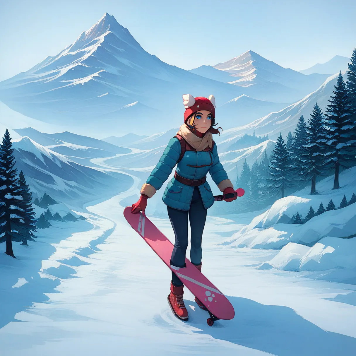 score_9, score_8_up, score_7_up, 1girl, Skye, blue eyes, hat, winter outfit, standing in a snowy landscape, holding a snowboard, playful expression, snow-capped mountains in the background, 