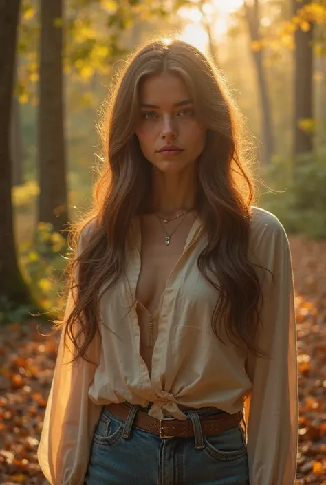 A young European woman, long hair, green eyes, elegant, confident, casual clothing, standing in a lush forest, golden hour lighting, autumn foliage, dappled sunlight filtering through trees, shallow depth of field, medium shot, [Negative Prompt] blurry, di...