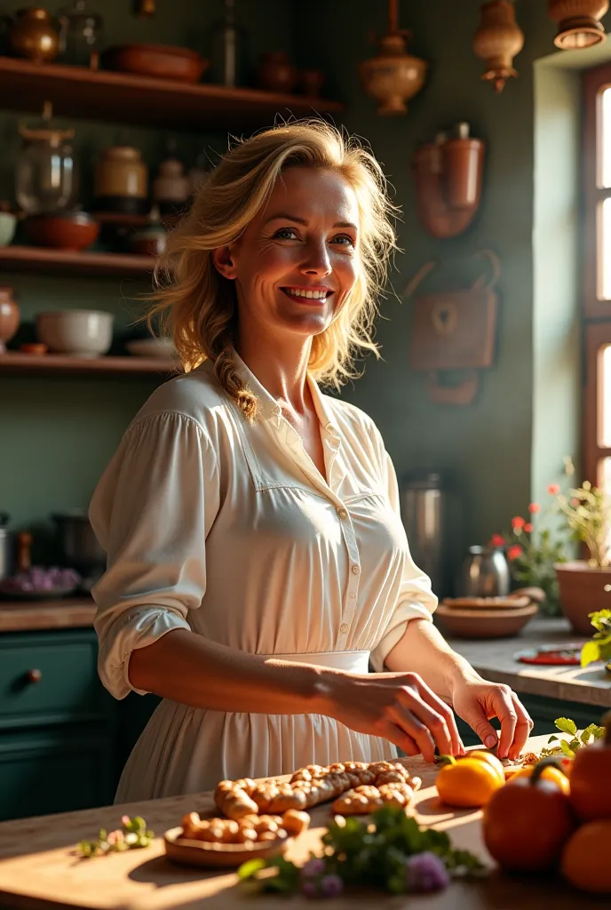 A blond, middle-aged Spanish woman with a very sweet face is in a vintage kitchen cooking. Royal style 