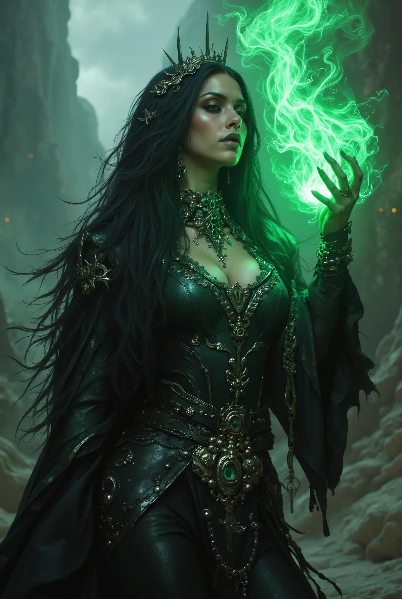 beautiful girl, black long hair, black queen, accessories, ultimate magic activation, the end of the world, the witch queen of the future, golden eyes, green lipstick, vivid colors, cinematic lighting, dramatic pose, intricate details, hyper detailed, 8k, ...