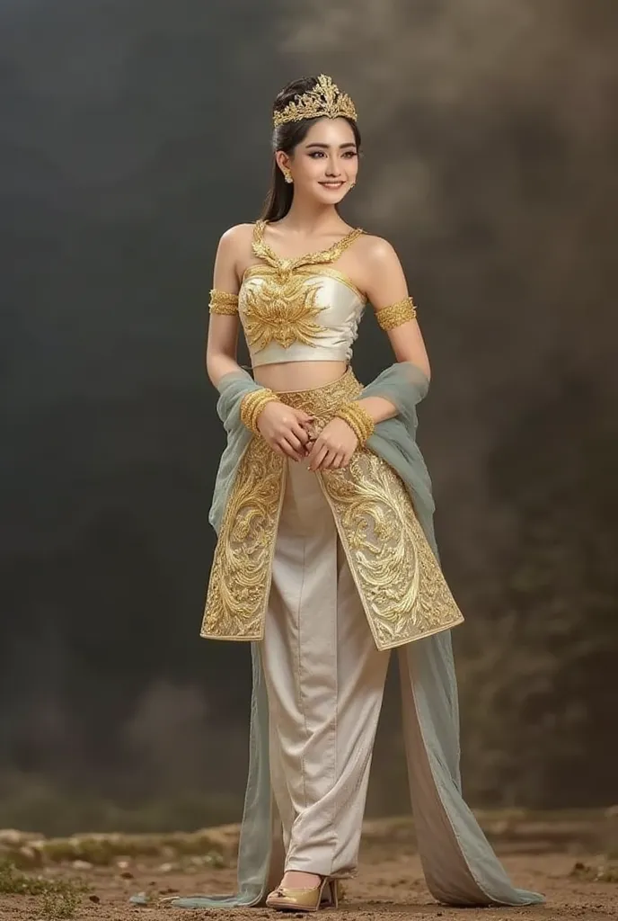 A Thai woman in full royal costume, with a slight mustache, wearing an elaborate Ayutthaya-era Thai royal white costume with gold detailing, face smile, foot on ground, the background is appearing under a dark sky filled with smoke and dust.