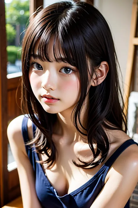 Younger sister,beautiful face like an actress,With bangs,long wavy hair, high school student,underwear