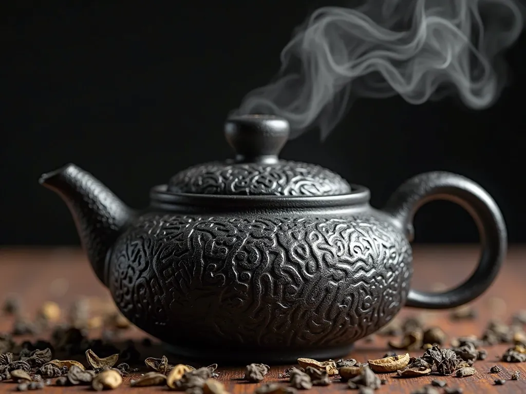 A high-quality close-up of a black cast-iron teapot with steam rising from the spout, surrounded by loose tea leaves and a dark textured background, ultra-realistic.