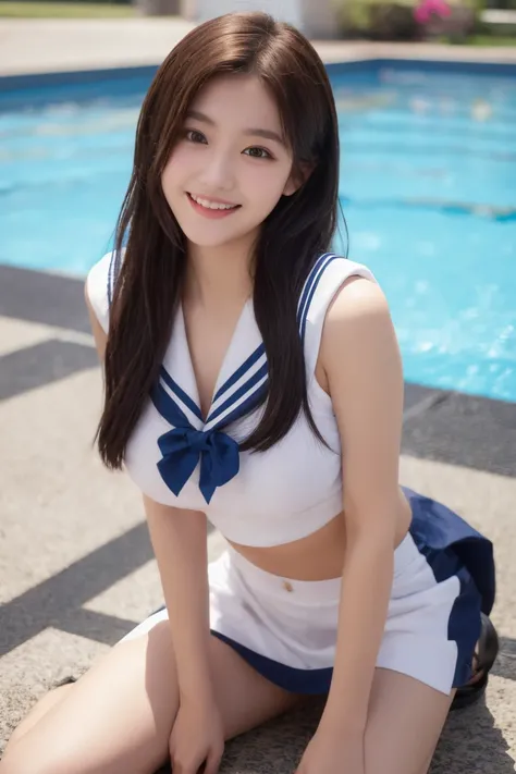  2 girls 、Best depth of field  ,     sailor suit、big breasts、   high school girl、    big breasts,       sports、smile、   long hair、length,    sharp eyes、Charis Senix   、  pool、miniskirt