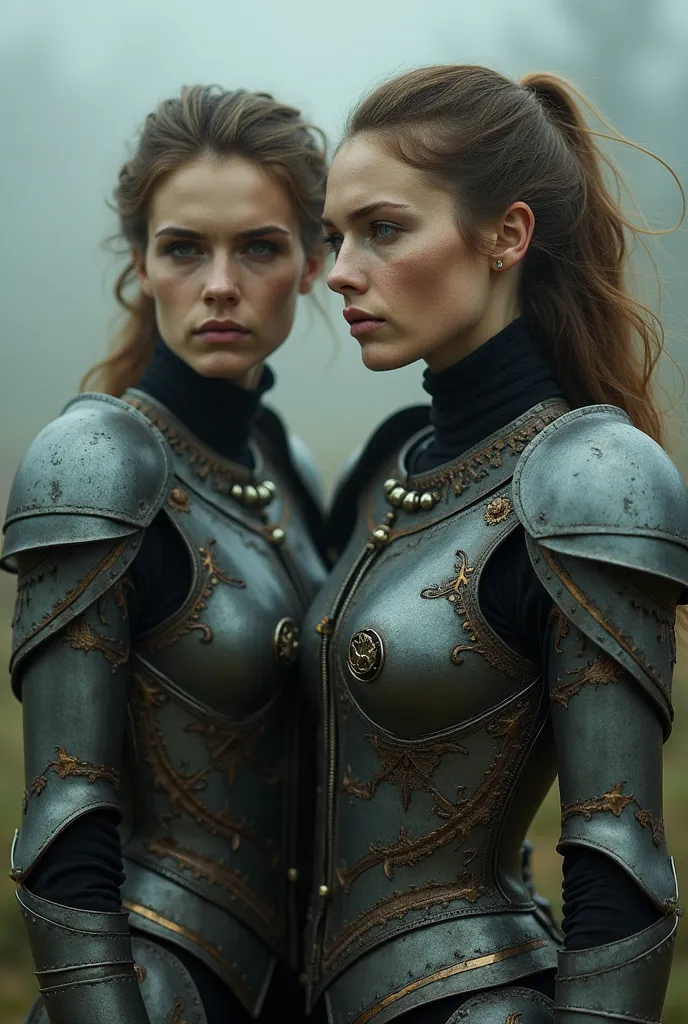 there are two women in armor standing next to each other, highly detailed surreal vfx, inspired by Peter Lindbergh, desaturated and muted colors, inspired by Nikola Avramov, clockpunk, detailed and beautiful faces, by Steven James Petruccio, prometheus (20...