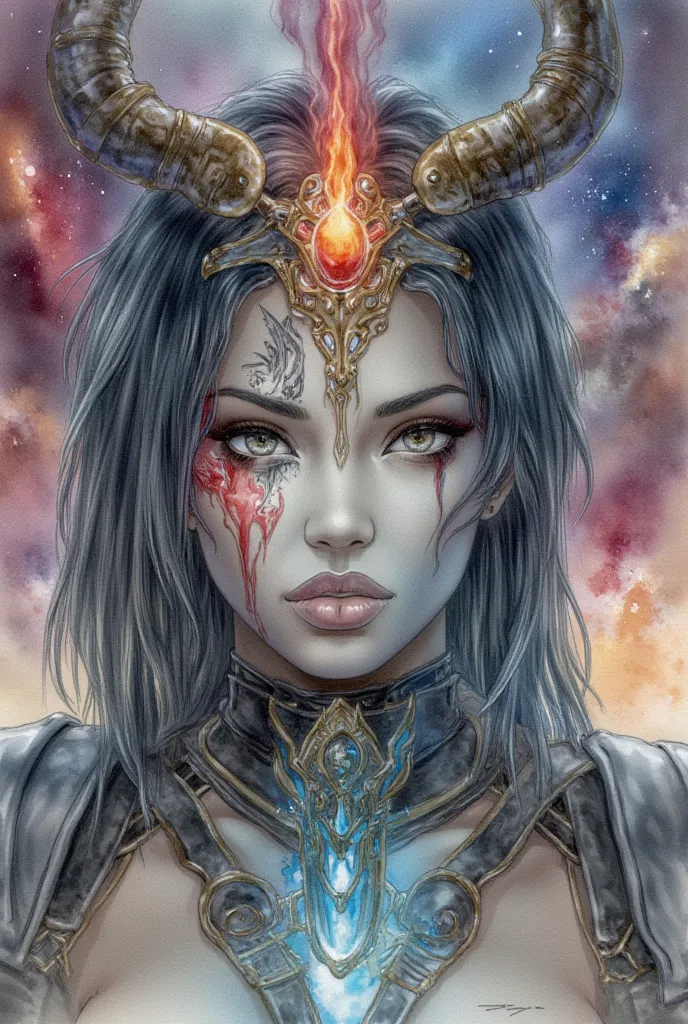 Sci-fi warrior Goddess. Close portrait, watercolors, brushwork, masterpiece.