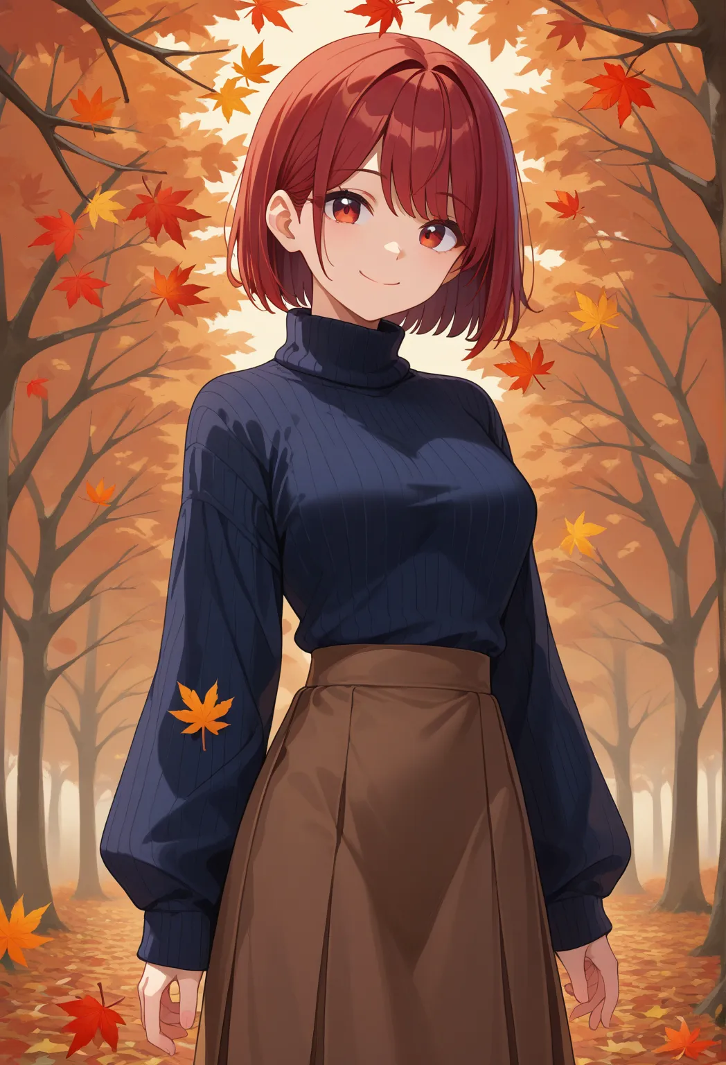 score_9, score_8_up, score_7_up,  1 girl, full body image, autumn, autumn leaves, black  sweater , bob cut the blue cloth, chest, brown  comments, brown skirt, closed mouth,  comments, large chest, leaf, leaf background, long sleeve, viewers,  medium hair,...