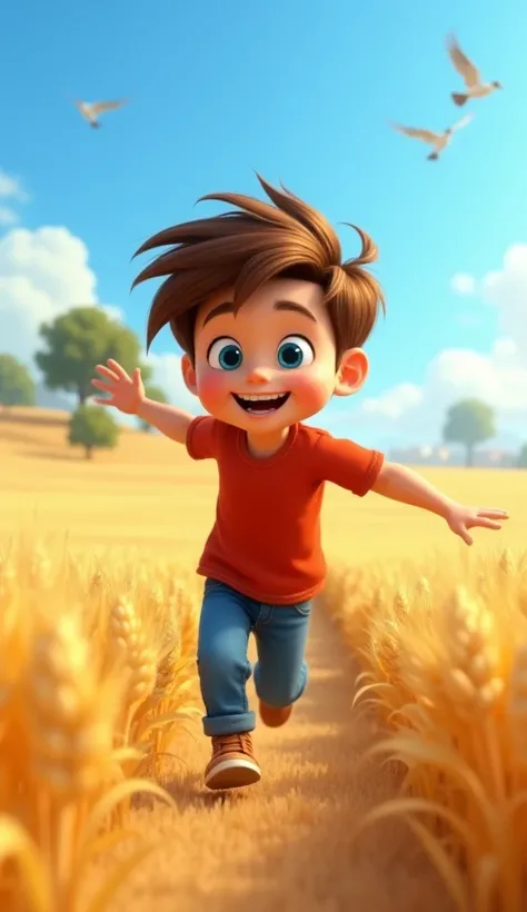 A  boy with brown hair, blue eyes, and a smiling face, wearing a red shirt and blue pants, running freely through golden wheat fields. His arms are outstretched, and he looks excited as the wind blows through his hair. The background features a clear blue ...