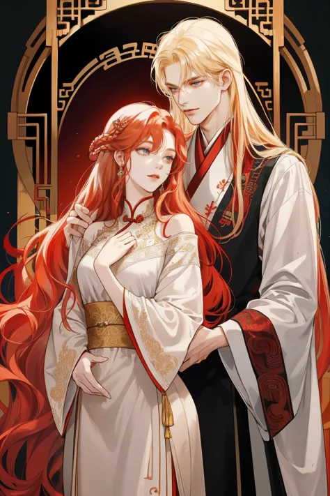 (Very delicate and beautiful:1.2), 8k,(masterpiece:1.0),(Highest_quality:1. 0)couple, man long platinum blonde and girl red curly long hair with different hair, eye color, one man, adult, ((girl redhead)), long hair, tall, blond hair, golden eyes, perfect ...