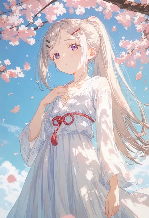 shinosawa hiro,thin,Pale purple eyes,White eyelashes, light purple hair,long hair,hair clip for hair,flat chest,white black,The chestnut mouth,is embarrassing,ponytail,from below,long skirt, Sakurabuki,cherry blossoms in full bloom,