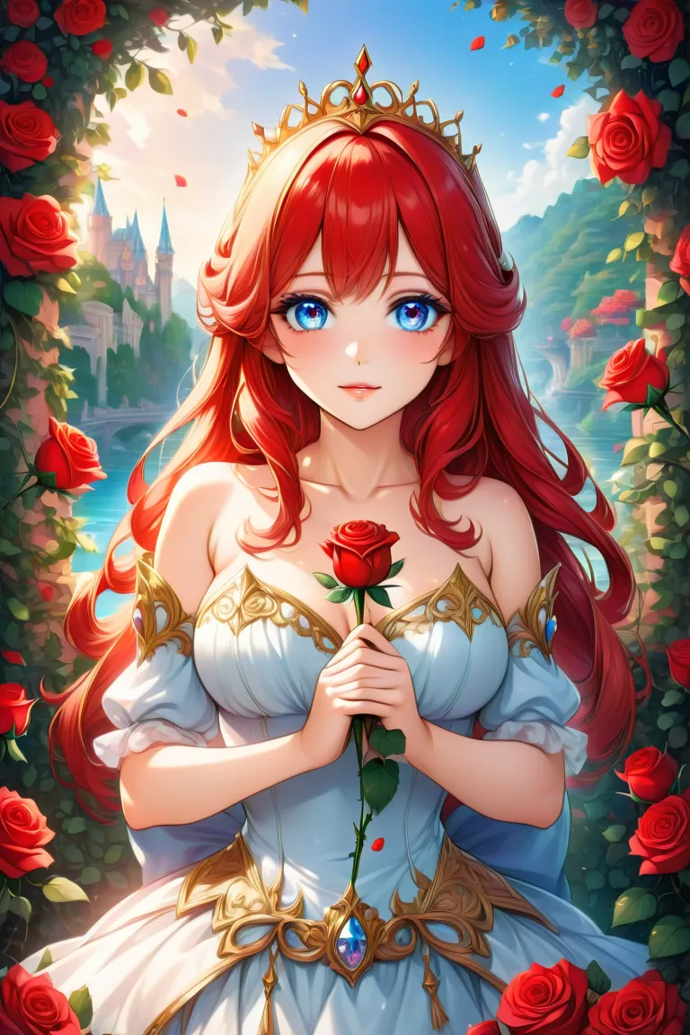 anime girl, beautiful face, light blue eyes, long red hair, princess style, half body pose, holding red rose, charming gaze, looking at the viewer, red rose background, (ultra detailed eyes), (face detailed), (body and hand detailed), (background detailed)...