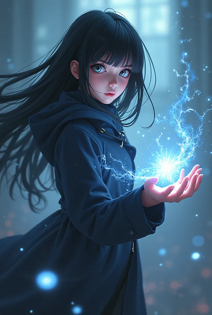 1 black haired anime girl with white eyes is doing magic