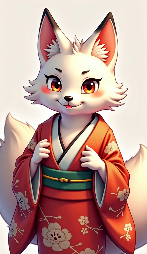 white fox,  Personalization, kimono,Foxy face,smile,chest is big