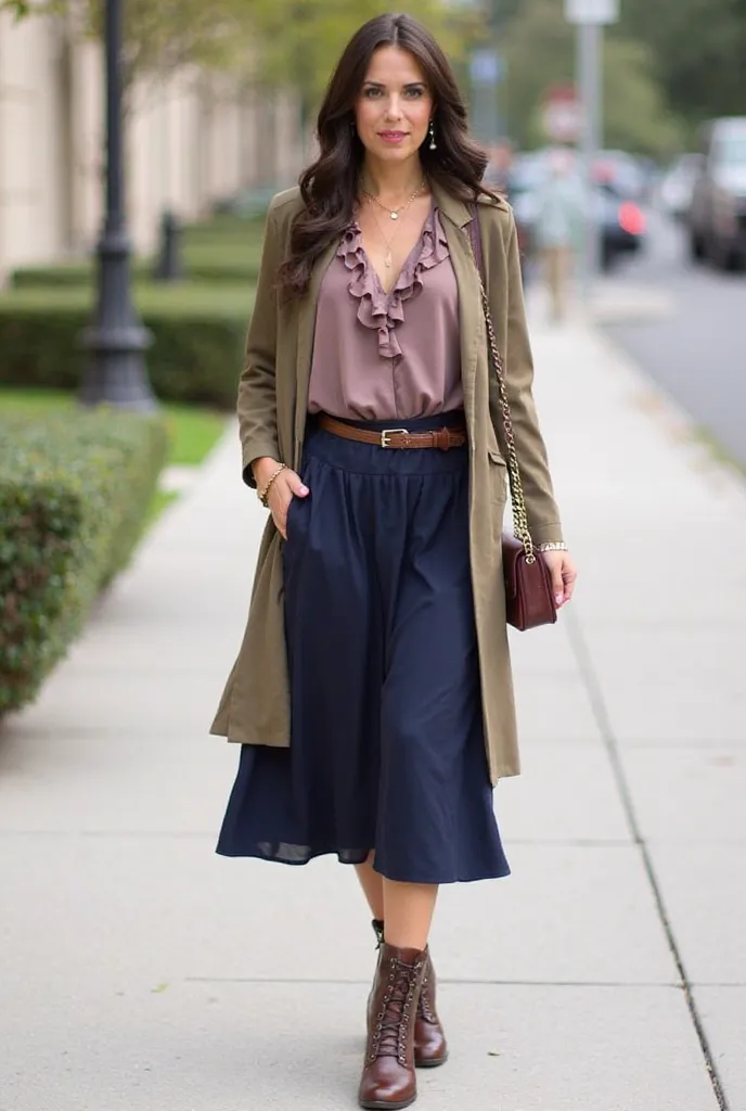 Top: Soft mauve or rich olive green blouse with subtle ruffles or wrap detail

Bottom: A-line midi skirt in deep navy or warm beige (adds flow & balances body)

Shoes: Lace-up boots in chocolate brown or wine red (adds structure)

Accessories:

Pearl or mi...