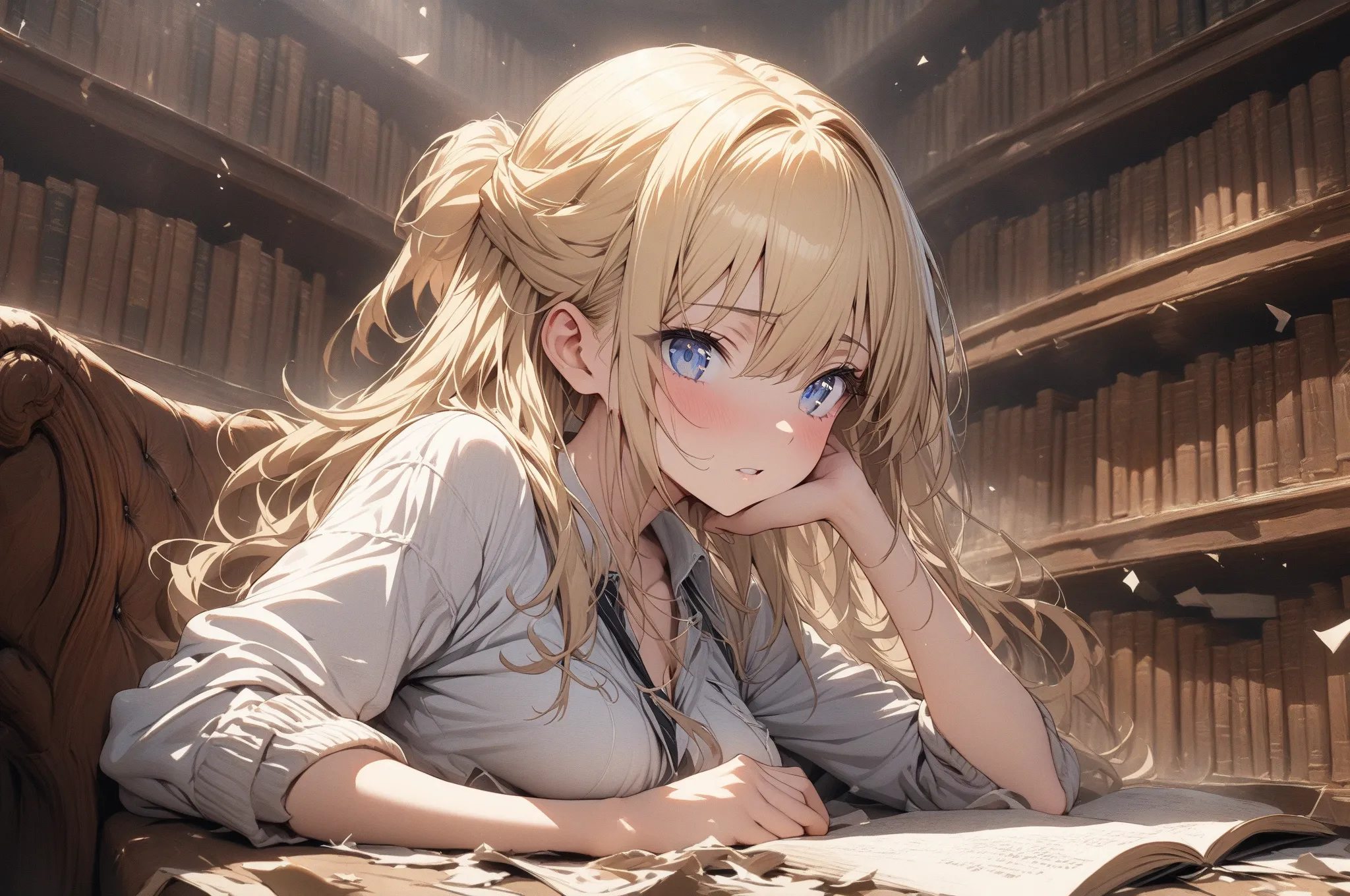 (masterpiece, detailed:1.2), One Girl, (18-years old), blonde half updo, Medium Breasts, sky blue eyes, BREAK, Highest quality, in Library, sitting