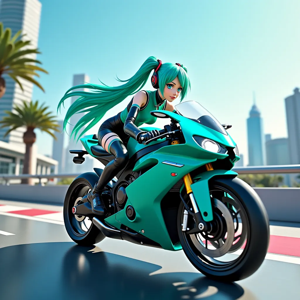 ((In the city of the future))The cool Hatsune Miku runs on a peppermint green super sports bike,high quality,professional,4K,8k, ultra-fine in 8K,realistic,physically-based rendering,extreme detailed expression,HDR,Studio Writing,Vivid Color,Bokeh,Cyberpun...