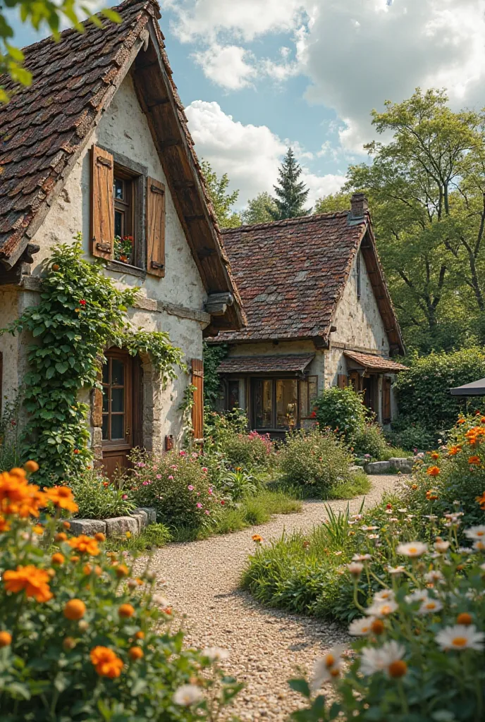 Créer un jardin placé dans un bidonville pauvre, les maisons sont petites et en taule, dans un petit espace entre les maisons, dedans il y a un oranger dans un coin, un parterres de pâquerettes blanches, des cosmos, le long des maisons il y a des hortensia...