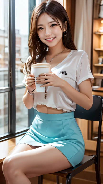 Cafe、short hair、opens legs slightly、Japanese woman、sit on a chair、 black tight mini skirt 、white panties visible、 front full body、opens legs slightly、Drinking coffee、beautiful face、smiles、 big eyes、 stares、 Slim、Elegant、 adorable by design、4K、High Precisio...