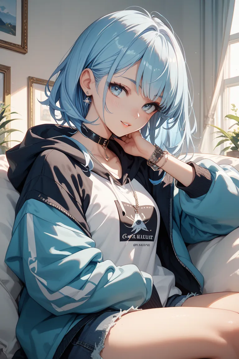 Girl with light blue hair in a hoodie