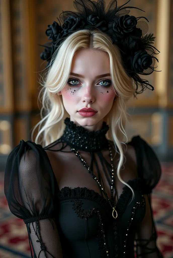 A 17-year-old blonde girl with a black makeup, She looks sweet and dreamy she is dressed in Dark Goth clothes. Royal style 