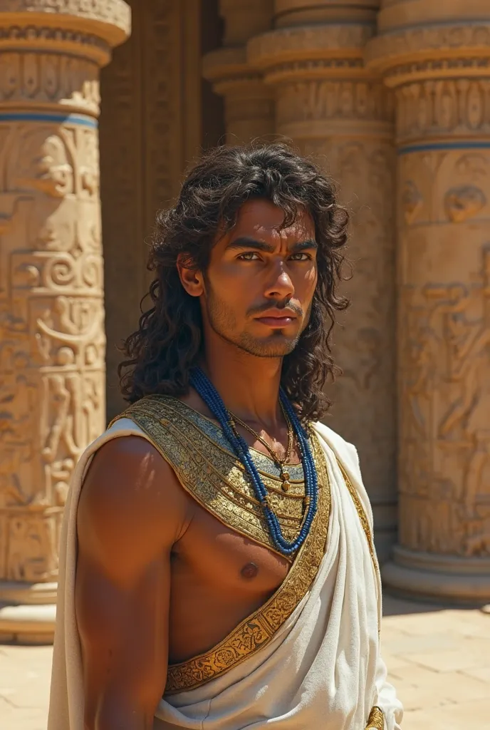 "Create a hyperrealistic image of a  of about  from ancient Egypt, son of a pharaoh. He must have noble features and royal bearing, , dark eyes and a serene but imposing expression. He wears a white linen tunic with golden edges, a necklace of lapis lazuli...