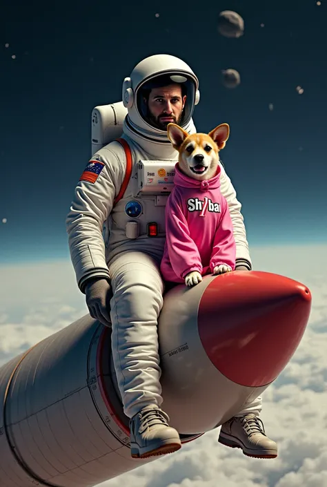 A picture of a man dressed as an astronaut sitting on the surface of a large rocket. On his lap, a woman with a dog's head is sitting wearing a pink dress with the word Sh7ibar and the rocket is in outer space 