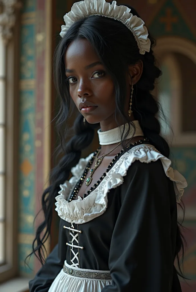 arafed image of a woman dressed in a black and white dress,black skin, vitiligo, a character portrait inspired by Master of the Legend of Saint Lucy, trending on cg society, gothic art, magic school uniform, albedo texture, maid outfit, dressed like a cler...