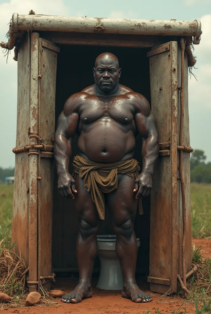 Shirtless fat black and bald giant African man pooping in outdoor toilet