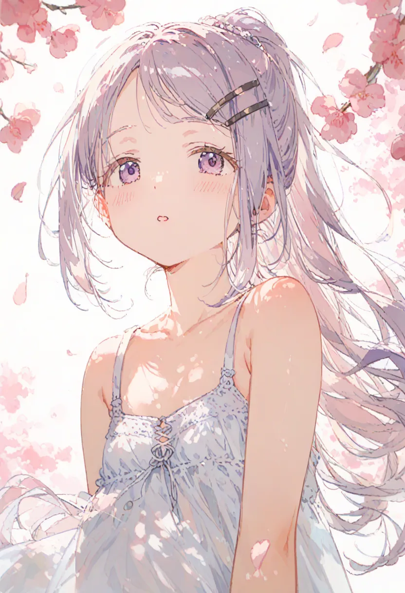 shinosawa hiro,thin,Light purple eyes,White eyelashes,purple hair,long hair,hair clip for hair,flat chest,white black,The chestnut mouth,is embarrassing,ponytail,from below,cherry blossoms in full bloom, Sakurabuki,adult woman,pretty girl, watercolor,