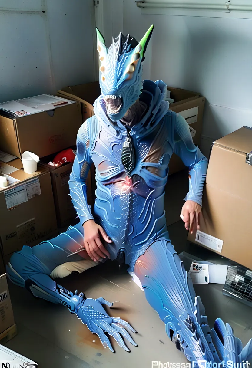 best quality, 1girl, 8k, masterpiece, UHD, (high angle closeup above shot), (NSFW:1.7), (human mid transformation:2.7), (inanimate flat smooth latex monster costume suit transformation:2.2), (photorealistic, real life award-winning photo taken inside a mon...