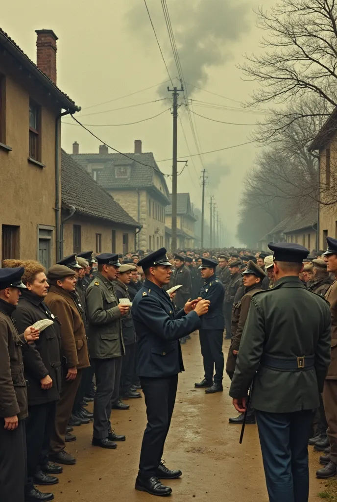 Pieter Bruegel style, This is a mockery, Satirical style image, (1945), a voter's que of civilians, being patrolled by police, a village on the outskirts of an industrial area where ((voters que of civilians to vote, each civilian holds and displays a dime...