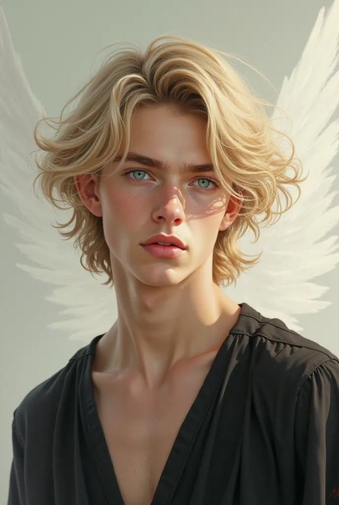  male, cabello largo, Sandy blonde hair, white skin, teal eyes , 20 years,  flashing,   serious expression, angelic appearance, dress with black tunic 