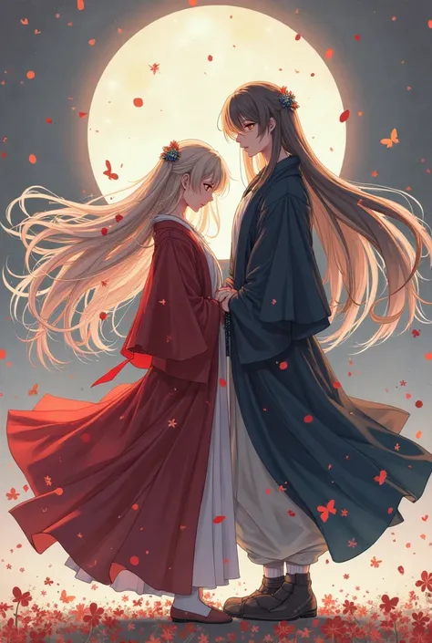 a couple of anime characters standing next to each other, a character portrait by Yang J, trending on pixiv, neo-romanticism, flowing hair and long robes, artwork in the style of guweiz, wlop and sakimichan, ruan jia and artgerm, guweiz, ben maier and saki...