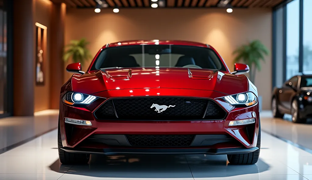  2025 Ford MustangGTD full front view in luxury showroom or Red color and interior ladar seet wheel handle 