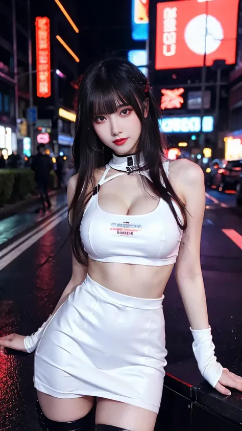 8k ultra HD, masterpiece, pretty girl, detailed eyes, Good face, detailed eyesbrow, Cyberpunk outfit, White Outfit, Cyberpunk, cyberspace, Cyberpunk shining background, neon effects near the city, Spreading Light, Red lighting,  full body capture ,full bod...