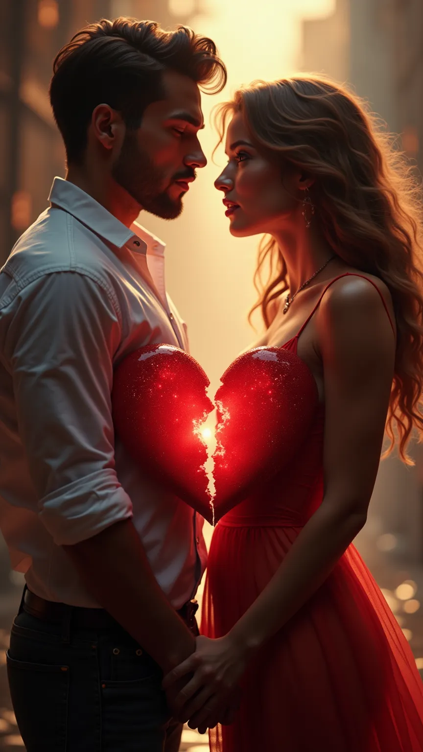 Good quality photo, realistic photo, a handsome man and a sexy woman standing and holding a heart cut in half