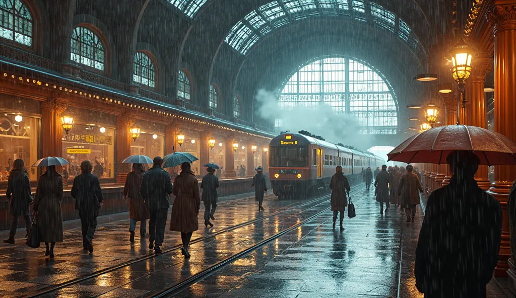 In enchanting realm of a rain-soaked train station, a symphony of humanity, architectural marvels, and atmospheric whimsy intertwine to compose a breathtaking ode to urban existence