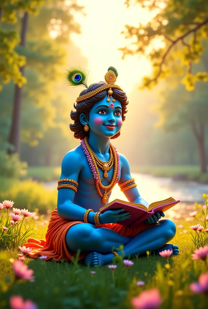 A serene image of Lord Krishna seated gracefully on a lush green meadow, holding a beautifully adorned book in his hands. He is depicted with a radiant smile, wearing a traditional dhoti in vibrant shades of blue and gold, with peacock feathers in his crow...