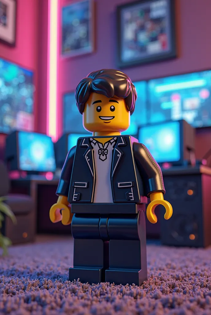 Lego-style avatar of a young rich gamer boy with a cool PC in a cool game room