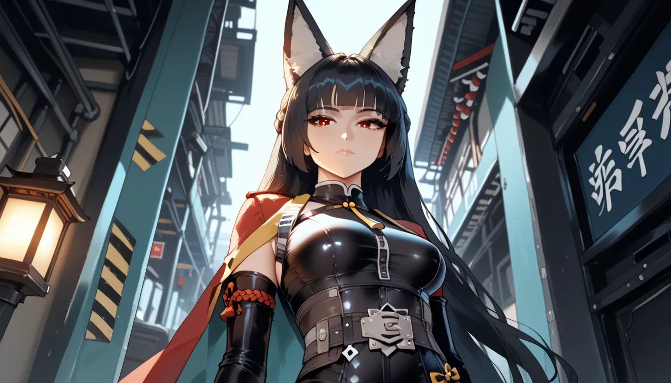  1 person , miyabihoshimi  ,  Miyabi Hoshimi  ,  fluff from the animal's ears ,  animal ears ,  black hair , fox ears, fox girl,  half-loose hairstyle ,  Long hair,  Red eyes, white pupils, black bodysuit,   medium breast   ,   erotic facial expression  , ...