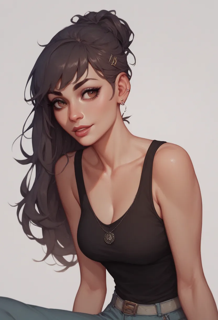 Lacey from Lacey's game 1girl, long dark brown straight hair, black tank top