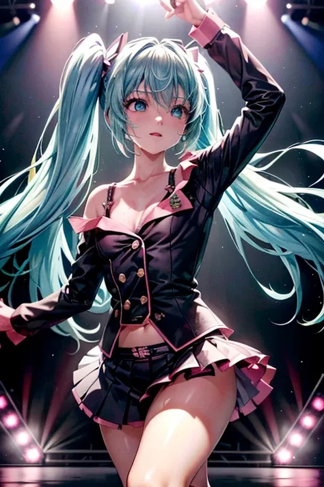   Hatsune Miku,scene.   bright light.   singing、   . ((spot,   stage, ライブ  stage:1.4)), Five fingers、Accurate Fingers, Light effects, Dance Motion,   sensational  ,  anatomically accurate system 、sweat,