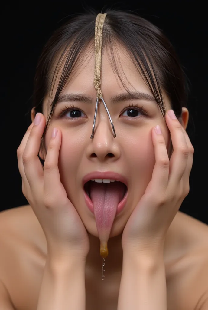 Uemura_Hinano opens its mouth wide so you can see the inside, cheeks stretched out, place your hands lightly on your cheeks, Attention to detail for realistic lashes after drooling , Open the teary , (nose hook with a strap on the top of the head holding t...