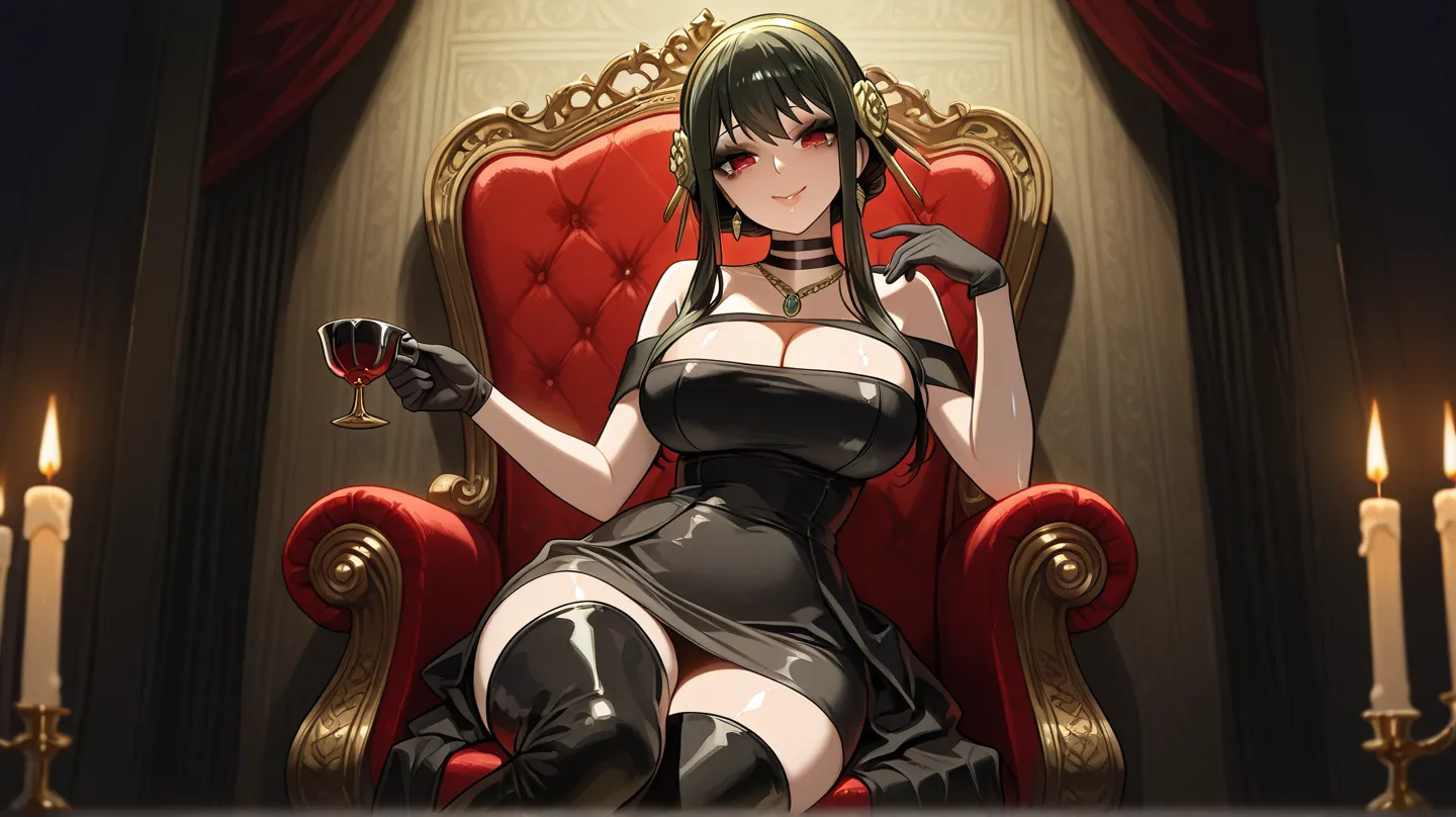 yor briar (spy x family ) a woman in a cosplay outfit holding a cup, candle in the background a candle, dark room with a throne and a light, 1girl, solo, cleavage, black eyeshadow, thigh boots, gold hairband, gold earrings, black dress, necklace , black gl...