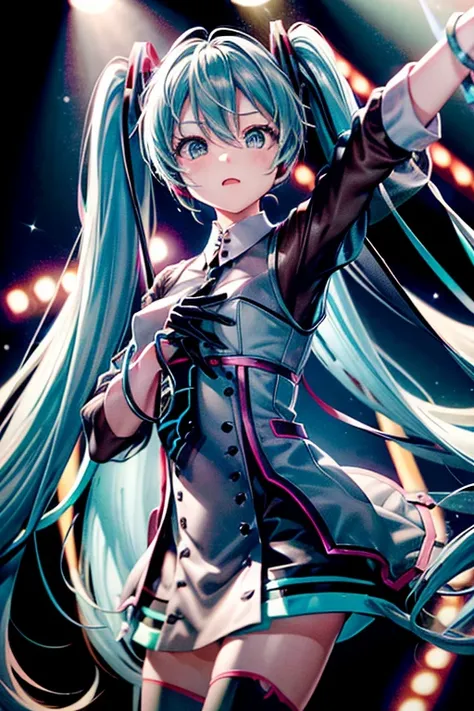    Hatsune Miku,scene.    bright light.   Singing 、   . ((spot,    stage, ライブ   stage:1.4)), Accurate Fingers, Light effects, Dance Motion,    sensational   ,  anatomically accurate system  、 raise your left hand、 spread your left hand 、 bend your right el...