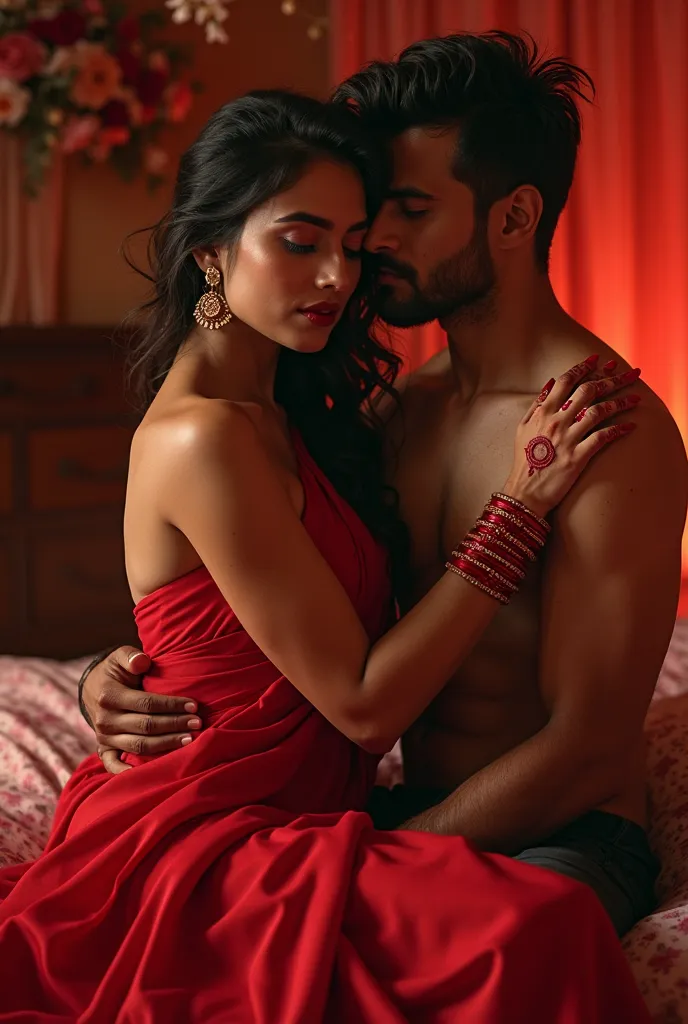 Sexy indian lady in completely red saree and jewelry , red bangles, red mehendi, red lipstick, red blouse, sexy curves, getting kissed by a black masculine man who is completely naked in bed, first night setup, honeymoon mood, sexy figure, dirty position