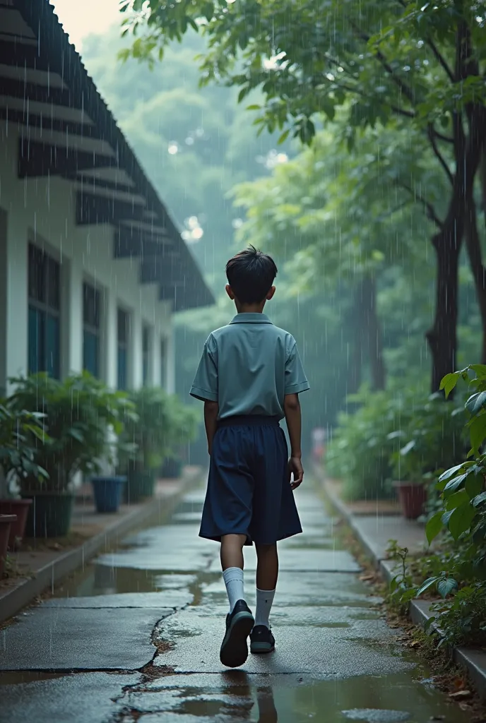 Capture the essence of a 'dibakaler brishti' (daytime rain) moment in an empty school courtyard. Use visual elements to evoke a sense of quiet solitude and the lingering scent of wet earth. Focus on the interplay of light and shadow, reflecting the soft, d...