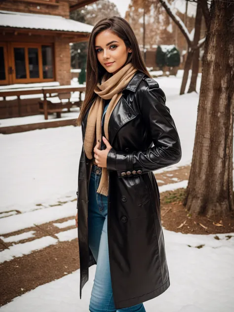 A beautiful Argentinian woman with long brown hair and blue eyes posing for a picture, attractive features, long flowing brown hair, dressed with a winter outfit: a black leather trench-coat with buttons, accessorized with a scarf.
