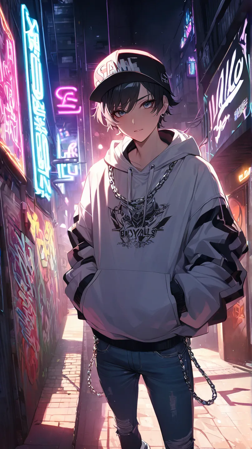 stylish age boy in hip-hop。Oversized Hoodie、loose fit jeans、wearing high-top sneakers。wears a snapback cap diagonally、Silver chain around the neck。looks cool and confident。The background is an urban back alley covered with graffiti。neon light creates a fan...